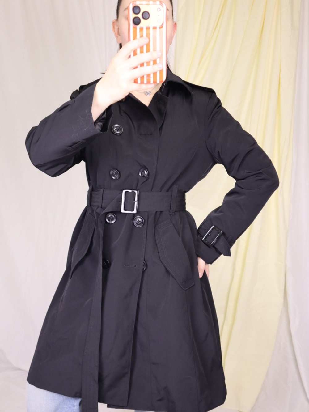London Fog Women's Black Double-Breasted Trench Coat with Belt